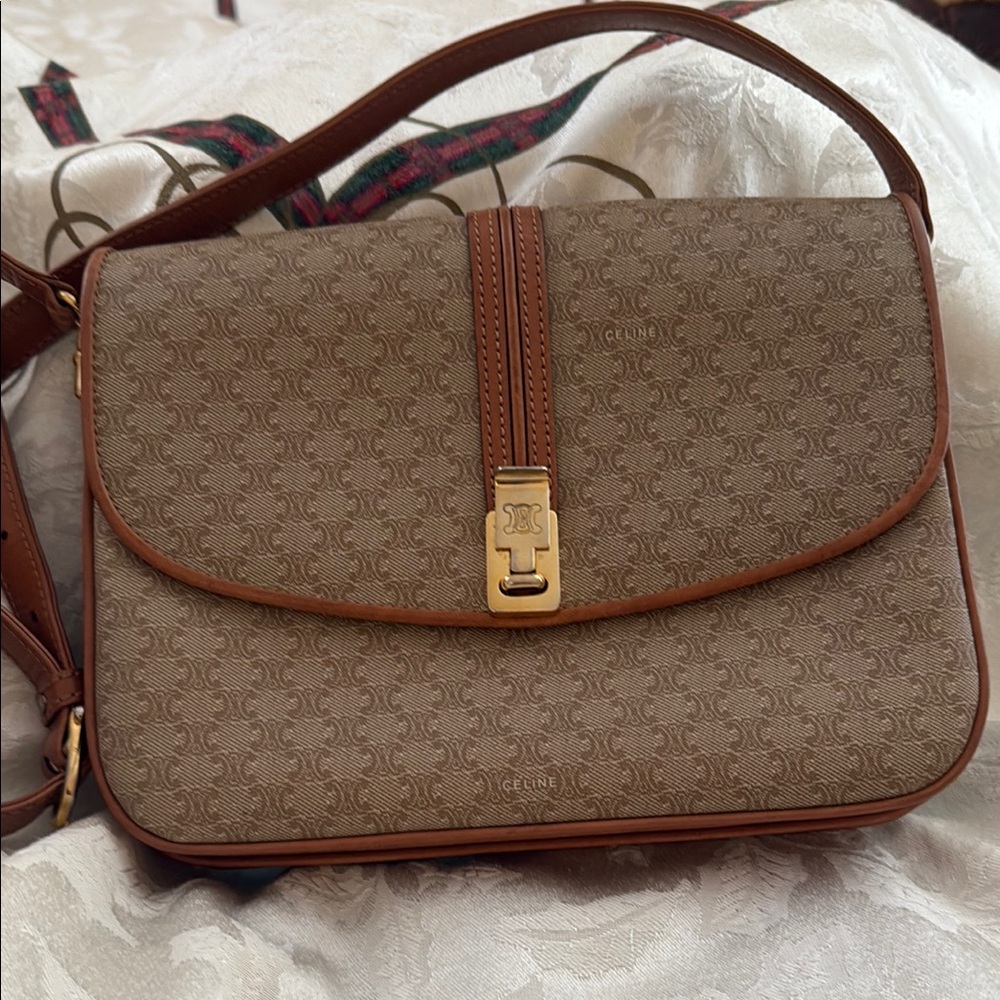 Celine Macadam Brown Crossbody Bag with Gold Hardware